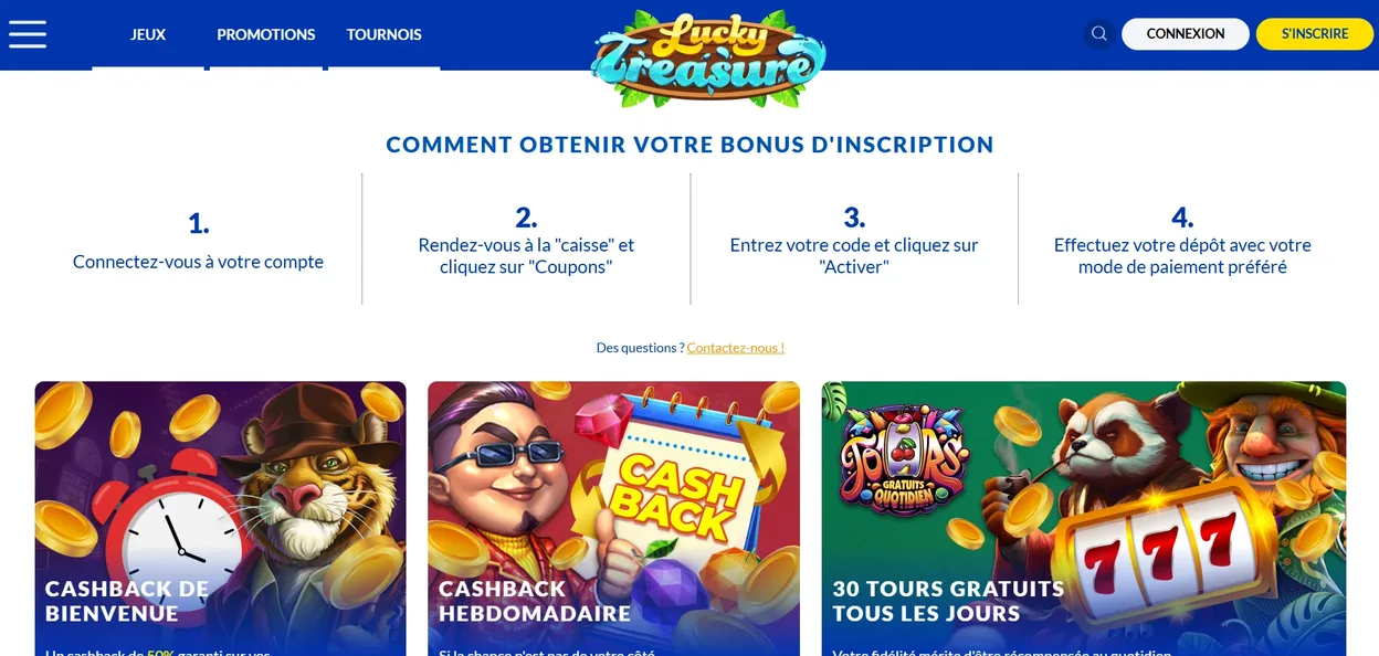 Vue des promotions et bonus du casino Lucky Treasure